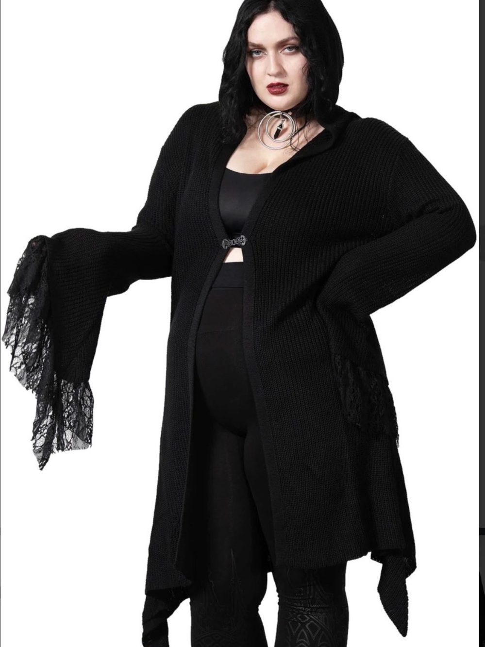 Killstar Black Hooded Lace-Trim Plus Size Knit Cardigan